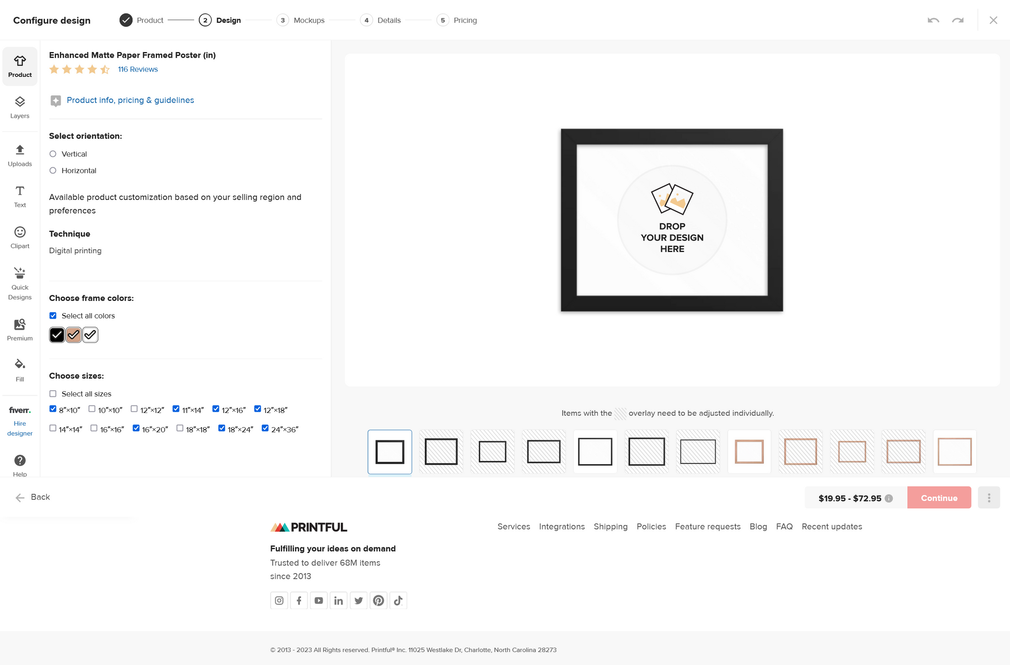 screenshot of the framed print product creation process within the Printful dashboard