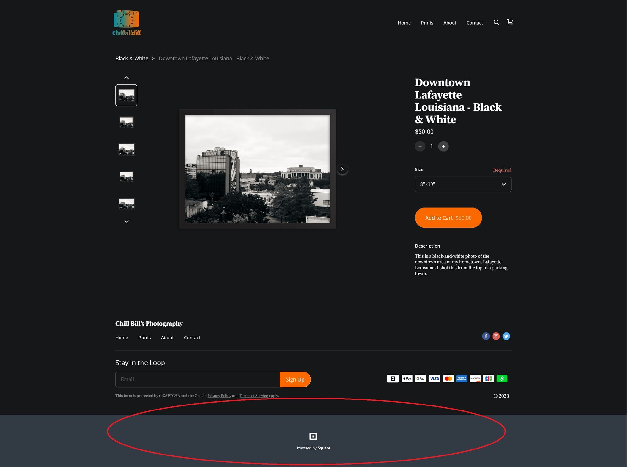 screenshot of the Square branding (circled in red) in the footer of my website on the free tier, this can be removed if you use the paid plan